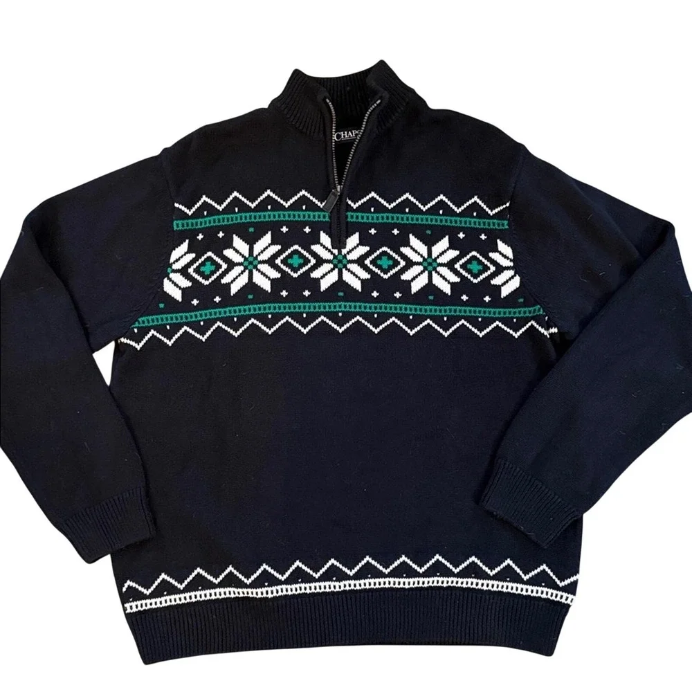 Chaps Navy Blue Fair Isle Snowflake Knit Quarter Zip Sweater‎ Men's XL